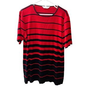 Exclusively Misook Vintage Red Black Striped Short Sleeve Knit Top Crew Neck L